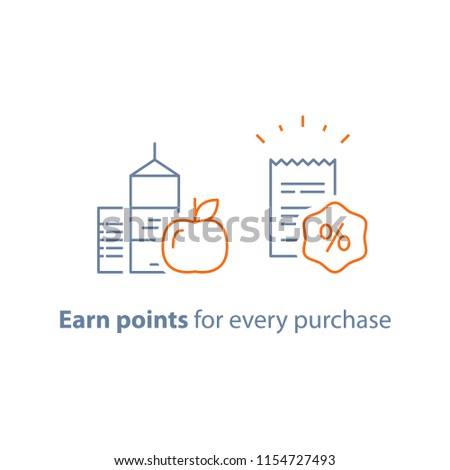 Earn points and get reward, loyalty program, marketing concept, grocery food and shopping basket, vector line icon, thin stroke illustration