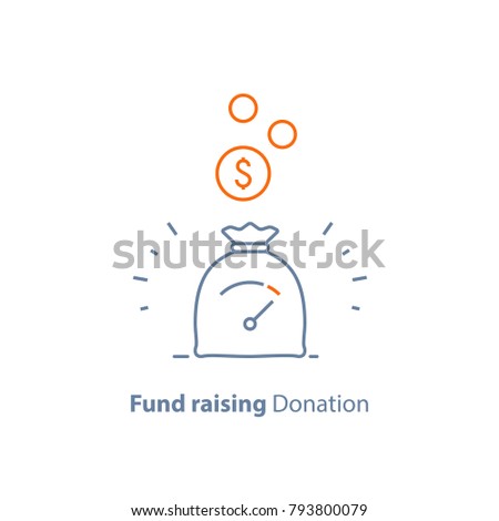 Earn points, loyalty program, charity donation, pension savings, fund raising, money bag, long term investment, income growth, loan payment, debt increase, vector line icon, thin stroke illustration