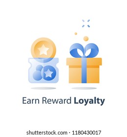 Earn points, loyalty program, collect bonus tokens, reward gift, present box, redeem prize, perks concept, full glass jar, vector icon, flat illustration