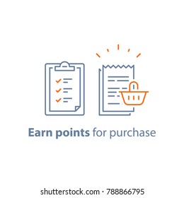 Earn points, loyalty program, marketing concept, till slip with shopping basket, vector line icon, thin stroke illustration