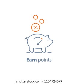 Earn points, loyalty program, piggy bank, pension savings, fund raising concept, vector line icon, thin stroke illustration