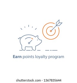 Earn points, loyalty program, piggy bank, pension savings, fund raising concept, vector line icon, thin stroke illustration
