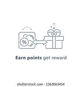 Earn points, loyalty reward program, marketing concept, gift coupon, free present, vector line icon, thin stroke illustration