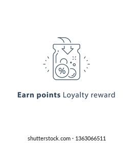 Earn points, loyalty reward program, cash back, donation concept, vector line icon, thin stroke illustration