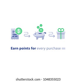 Earn points for purchase concept, loyalty program, cash back, marketing and promotion, reward gift, get bonus, vector flat icons