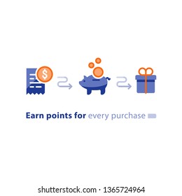 Earn points for purchase concept, loyalty program, cash back, marketing and promotion, reward gift, get bonus, vector flat icons