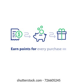 Earn points for purchase concept, loyalty program, cash back, marketing and promotion, reward gift outline, get bonus, vector line icons