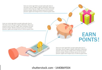 Earn points for purchase diagram, vector flat illustration. Customer reward bonus points loyalty program, marketing strategy infographic.