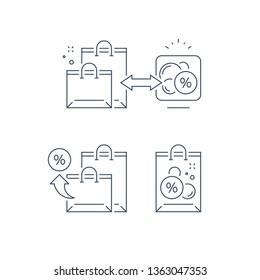 Earn points for purchase, loyalty reward program, marketing concept, shopping bags, vector line icon, thin stroke illustration