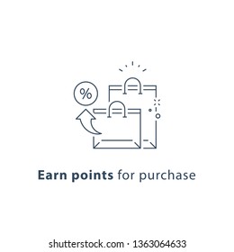 Earn points for purchase, loyalty reward program, shopping bags, marketing concept, vector line icon, thin stroke illustration