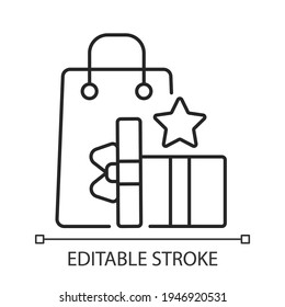 Earn reward points black linear icon for light theme. Customers spending money and getting bonuses. Thin line customizable illustration. Isolated vector contour symbol for night mode. Editable stroke