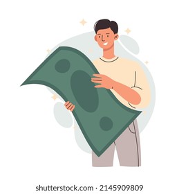 Earn Salary And Wealth Concept. Young Smiling Man Holding Large Dollar Banknote In His Hands. Making Purchases, Profit Growth, Or Money Cash. Successful Entrepreneur. Cartoon Flat Vector Illustration