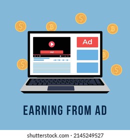 Earn From Video Ads Concept. Online Videos And Websites Showing Ads. Earning Money And Bitcoin From A Video. Video Play Button Inside A Laptop And Gold Coins Vector. Earn From Ads Digital Currency.