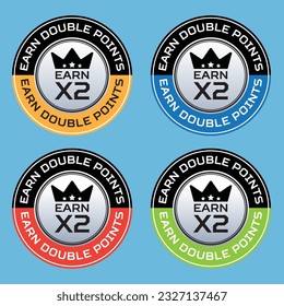 earn x2 double points badge, icon, stamp, logo, sticker label, special offer, earning, shopping, promo, isolated vector illustration, marketing, sale, credir, cashback, twice, pictogram symbol, sign. 