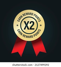 'earn x2 reward points' icon. golden premium vector icon with red ribbon isolated on dark background
