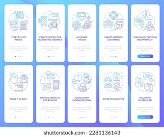 Verdienen von Kunden-Loyalität blauen Farbverlauf auf dem mobilen App-Bildschirm-Set. 5-stufige grafische Anleitungen mit linearen Konzepten. UI, UX, GUI-Vorlage. Myriad Pro-kühne, Standardschriftarten verwendet