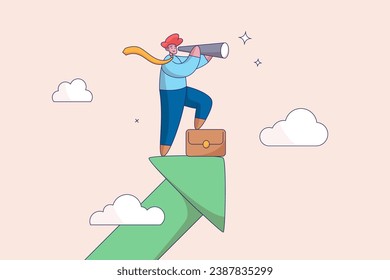 Earning forecast concept. Business opportunity or investment and market prediction. Future growth or career development vision. Businessman climb up rising arrow with big telescope spyglass.