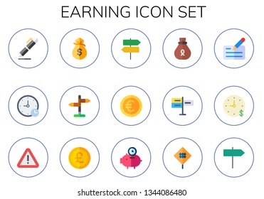 earning icon set. 15 flat earning icons.  Collection Of - signing, signs, money bag, sign, euro, cheque, time is money, pound sterling
