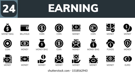 earning icon set. 24 filled earning icons.  Simple modern icons about  - Money bag, Billfold, Coin, Money, Funds, Euro