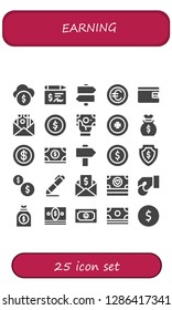  earning icon set. 25 filled earning icons. Simple modern icons about  - Funds, Cheque, Signs, Coin, Billfold, Money, Money bag, Sign, Coins, Signing