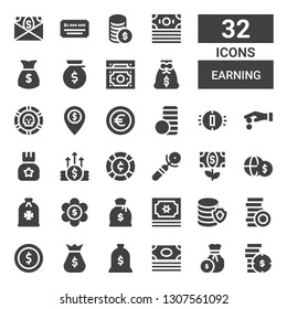 earning icon set. Collection of 32 filled earning icons included Coins, Coin, Money, Money bag, Sign, Coin stack, Euro, Cheque
