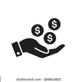 earning icon vector, earning concept symbols with right hand and dollar's coins above.