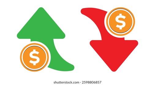 Earning increase icon with arrow up symbol, dollar decrease icon . profit and lose money vector icons - Cost rising icon	