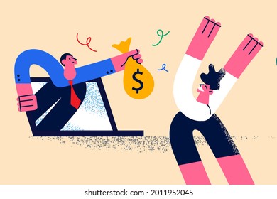 Earning in internet and e-commerce concept. Male from laptop monitor holding out bag of money dollars giving it to happy celebrating win man vector illustration