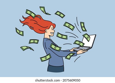 Earning and making money in internet concept. Young smiling woman cartoon character standing holding laptop with flying heaps of cash currency vector illustration 