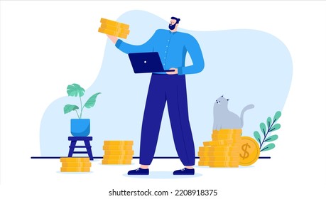 Earning and making money - Vector cartoon character of rich man with computer and lots of coins. Flat design illustration with white background