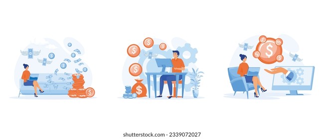 earning money from couch at home, Earn money online, Passive income, set flat vector modern illustration