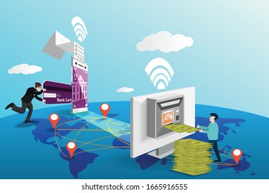 Earning money E-banking mobile application online around  the world concept,card,business man,ATM,smartphone,Computer,map,earth icons,vector art illustration.  