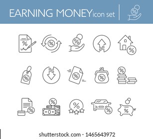 Earning money icon set. Line icons collection on white background. Percent, credit, loan. Payment concept. Can be used for topics like banking, spending money, commerce