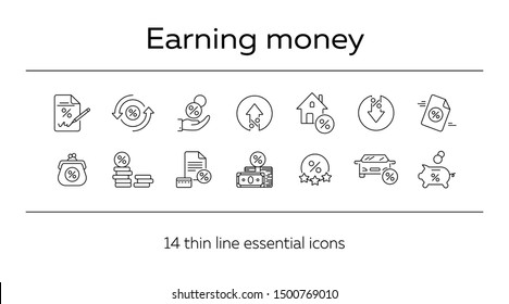 Earning money icon set. Line icons collection on white background. Percent, credit, loan. Payment concept. Can be used for topics like banking, spending money, commerce