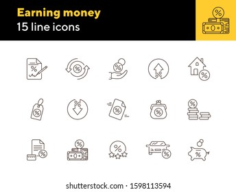 Earning money icon set. Line icons collection on white background. Percent, credit, loan. Payment concept. Can be used for topics like banking, spending money, commerce