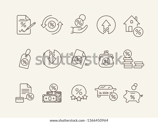 Earning money icon set. Line\
icons collection on white background. Percent, credit, loan.\
Payment concept. Can be used for topics like banking, spending\
money, commerce