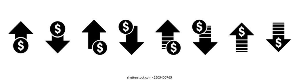 Earning Money increase decrease black icon with arrow symbol profit and loss vector icon illustration cost rising revenue business icome up down coin crisis price dolar sign analysis