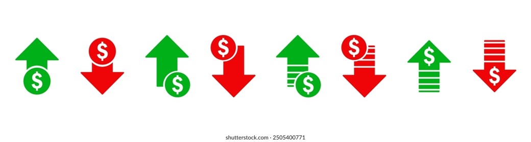 Earning Money increase decrease icon with arrow symbol profit and loss vector icon illustration cost rising revenue business icome up down coin crisis price dolar sign analysis red green black icons