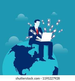 Earning money in the internet, freelance online work, business online. Stylized character sitting on the globe. Man getting money from the computer isolated on blue background. Eps Vector illustration