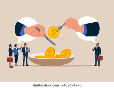 Earning money meal. Hands holding knife and fork above a white plate full of small dollar money coins. Flat vector illustration