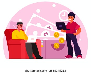 Earning money on the Internet. A programmer sitting in a chair and working at a laptop. Freelancer working from home. Programmer standing with laptop. Man holding a laptop. Background with big wallet