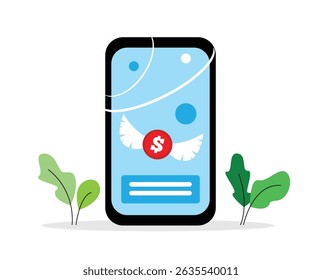 Earning Money on Smartphone Idea with Flying Dollar Coin. Trading currencies and bonds, online internet marketing concept vector art