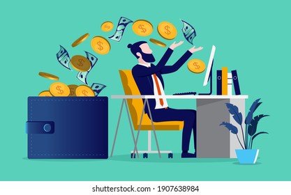 Earning money online - Bearded man working on desk with computer and money flowing from screen to wallet. Vector illustration.