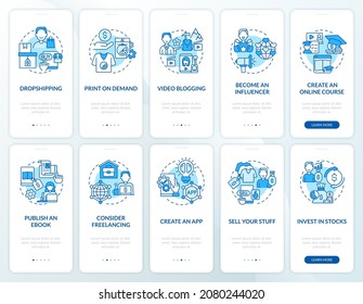 Earning money online onboarding mobile app page screen set. Dropshipping walkthrough 5 steps graphic instructions with concepts. UI, UX, GUI vector template with linear color illustrations