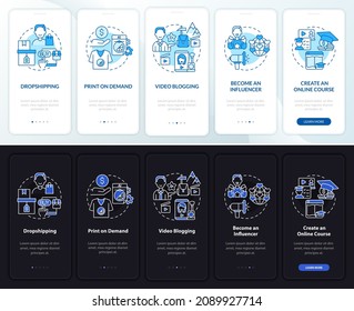 Earning money online onboarding mobile app page screen. Print on demand walkthrough 5 steps graphic instructions with concepts. UI, UX, GUI vector template with linear night and day mode illustrations