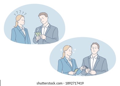 Earning money, profit, salary concept. Young woman and man business people cartoon characters standing and talking about money counting cash in hands vector illustration 