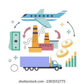 Ganar dinero por servicios, negocios logísticos aislados y empresas de transporte con camiones y aviones. Generación de centrales eléctricas y rendimientos de monedas en dólares y billetes. Vector de estilo plano