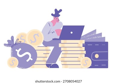 Ganar dinero y trabajar en el concepto de internet. Hombre joven sonriente freelancer trabajador personaje de dibujos animados sentado con computadora portátil en la pila de monedas de oro ganando dinero Ilustración vectorial en línea
