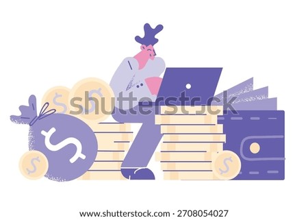 Earning money and work in internet concept. Young smiling man freelancer worker cartoon character sitting with laptop on stack of gold coins earning money online vector illustration
