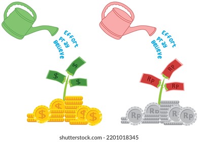 Earning more money vector illustration. Watering the coins with effort, pray and believe to grow into tree with more money. Hard work, pray, and surrender to God to get a success